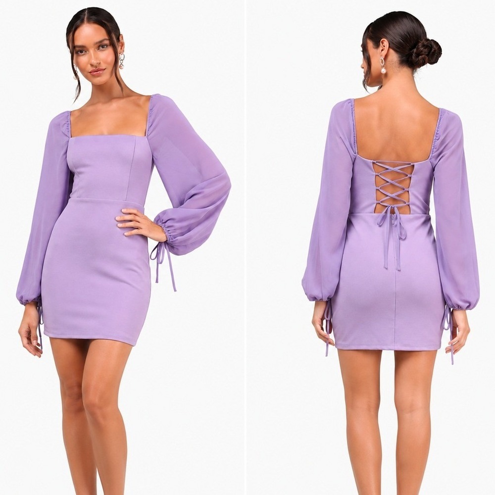 NWT Lulus Lace-Up Back Solid Mini Dress Purple Romantic Puff Sleeve Size S